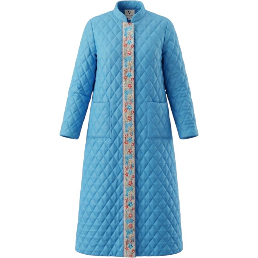 Vintage 70s Quilted Floral Embroidery House Coat Women Small Blue Cottage Gown